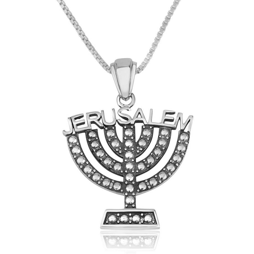 Menorah pendant with the word ‘Jerusalem’ creatively formed above.
